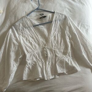 Zara White Eyelet V-Neck Peplum Blouse